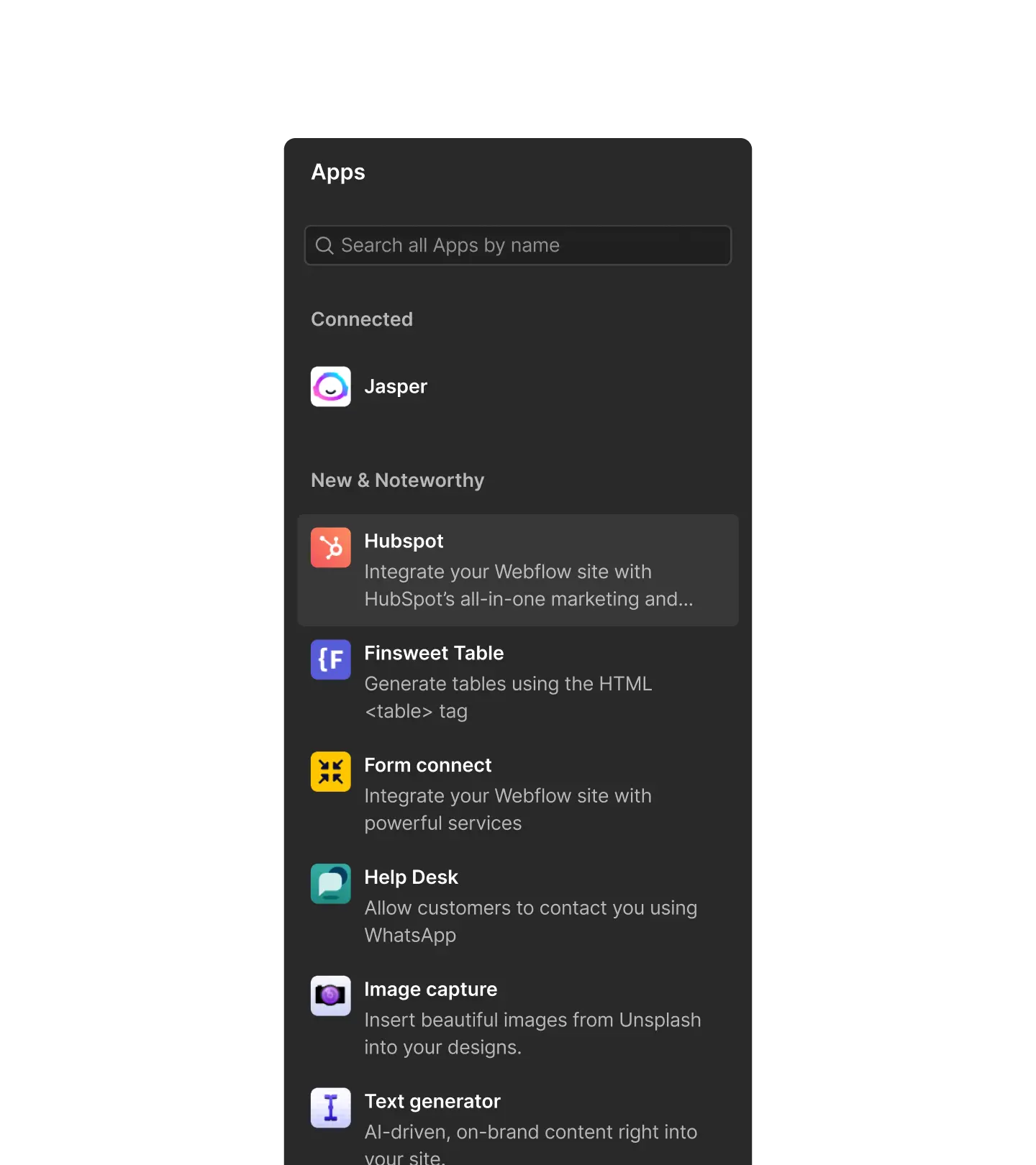 App interface showing connected app Jasper and new apps including Hubspot, Finsweet Table, Form connect, Help Desk, Image capture, and Text generator.