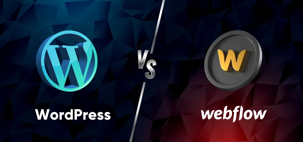 Comparison graphic showing WordPress logo on the left and Webflow logo on the right separated by 'vs' text.