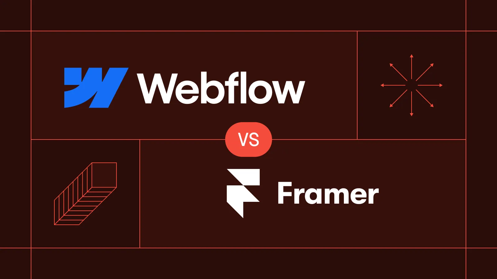 Comparison graphic showing Webflow logo and text on the left and Framer logo and text on the right, with a red VS circle in the center.