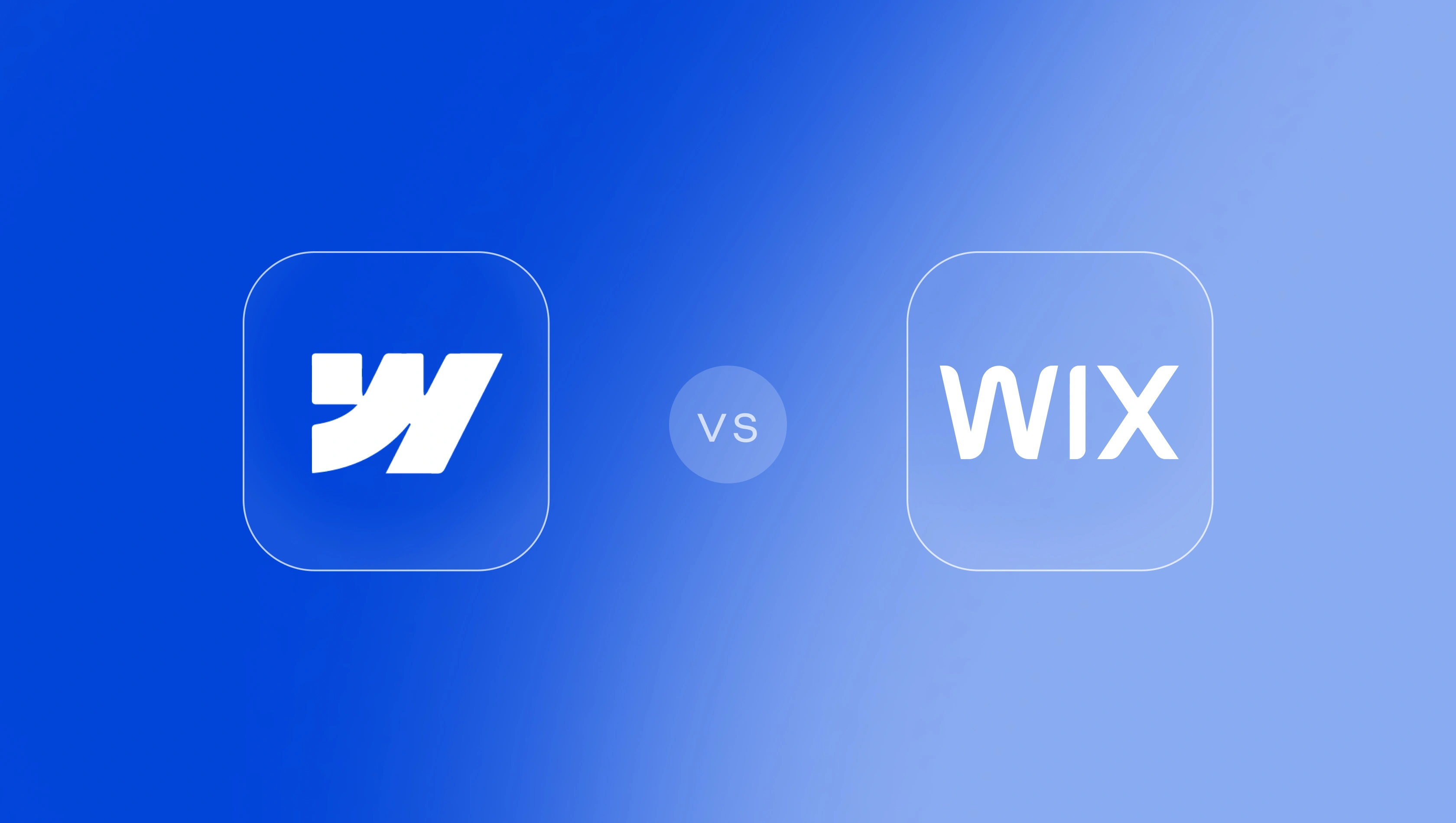 Comparison graphic showing Webflow logo on the left versus Wix text logo on the right against a blue gradient background.