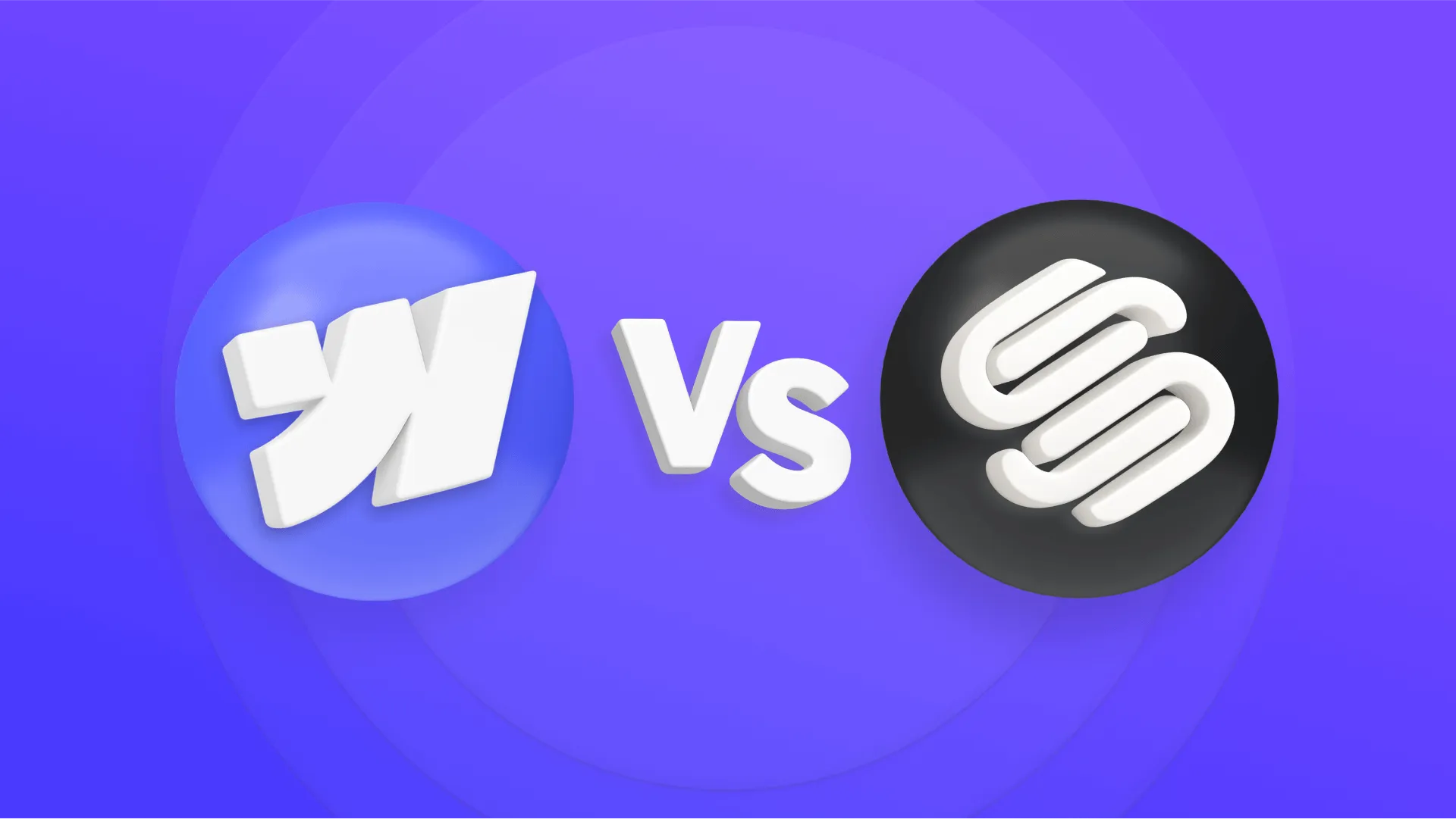 3D logos of Webflow and Squarespace side by side with 'vs' text between them on a purple background.