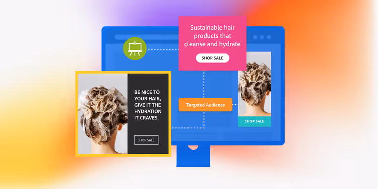 Digital illustration of a computer screen showing sustainable hair product ads with a shampooed hair image and text promoting hydration and sales.