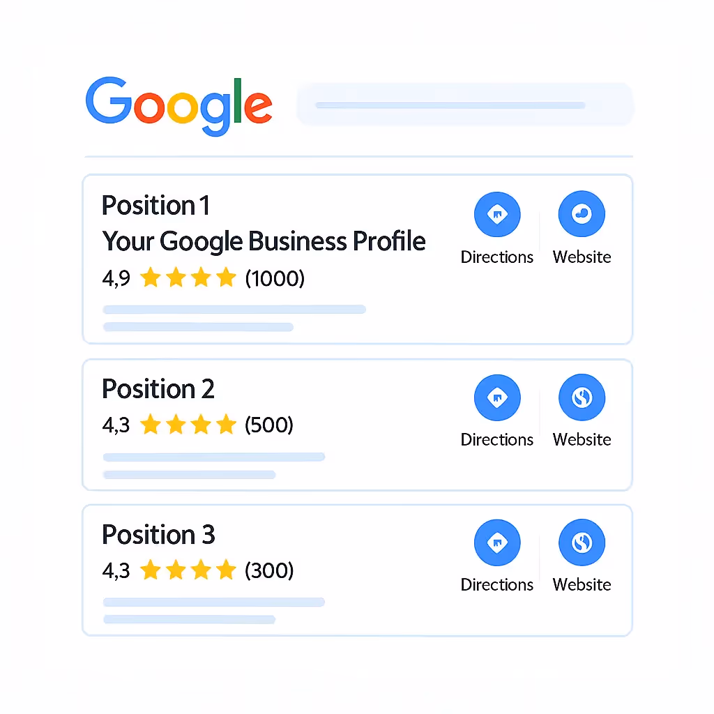 Google search results showing three local business listings with star ratings, review counts, and buttons for directions and website.