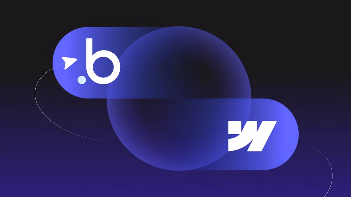 Abstract illustration showing two rounded blue shapes with white stylized letters '.b' on the left and 'w' on the right, connected by a thin curved line on a dark gradient background.