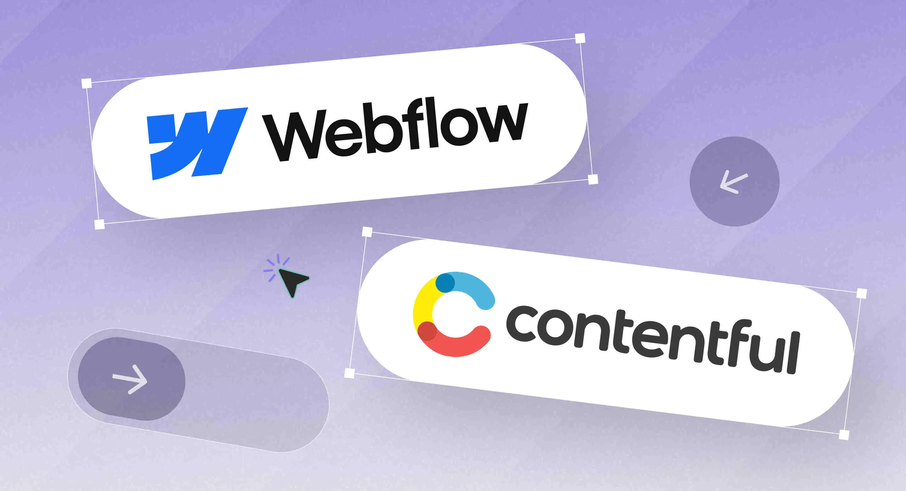 Logos of Webflow and Contentful with arrow icons on a purple gradient background.