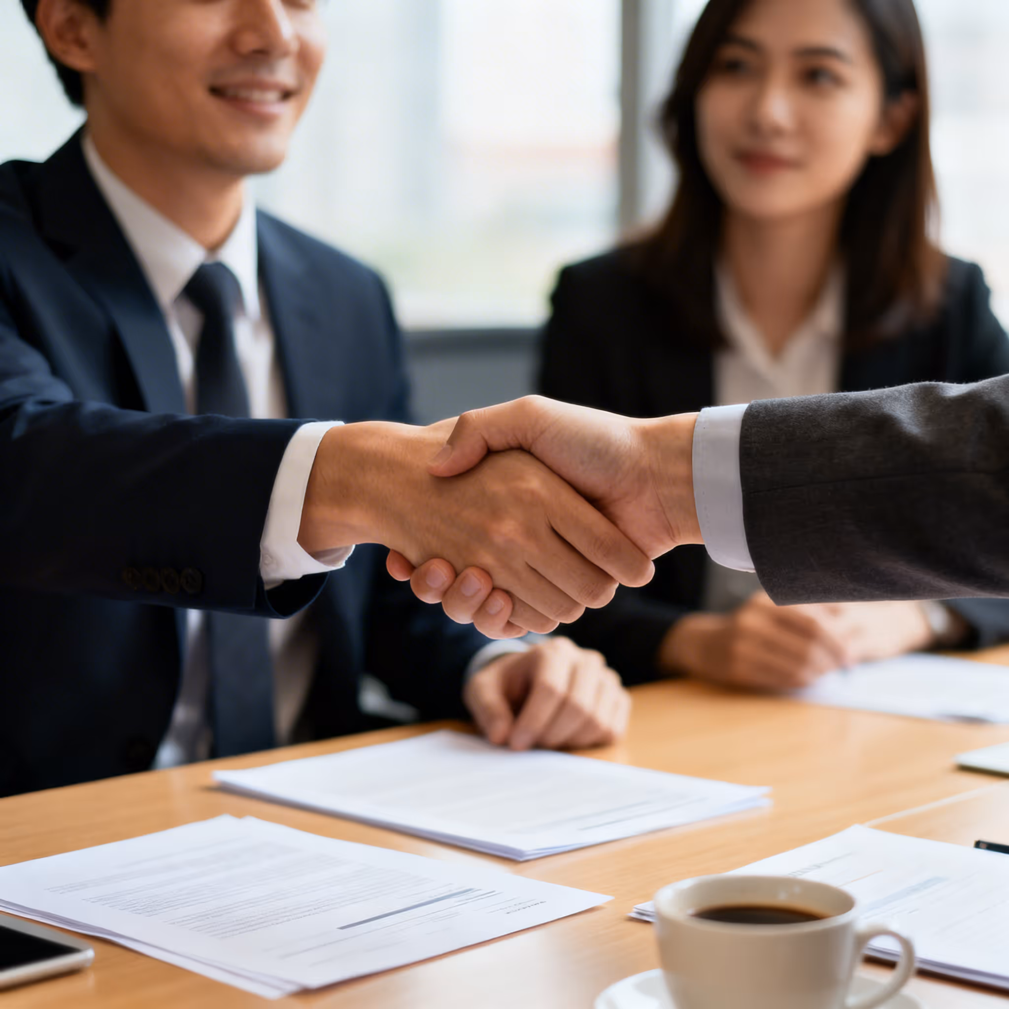 Two businesspeople shaking hands over a table with documents and a cup of coffee.