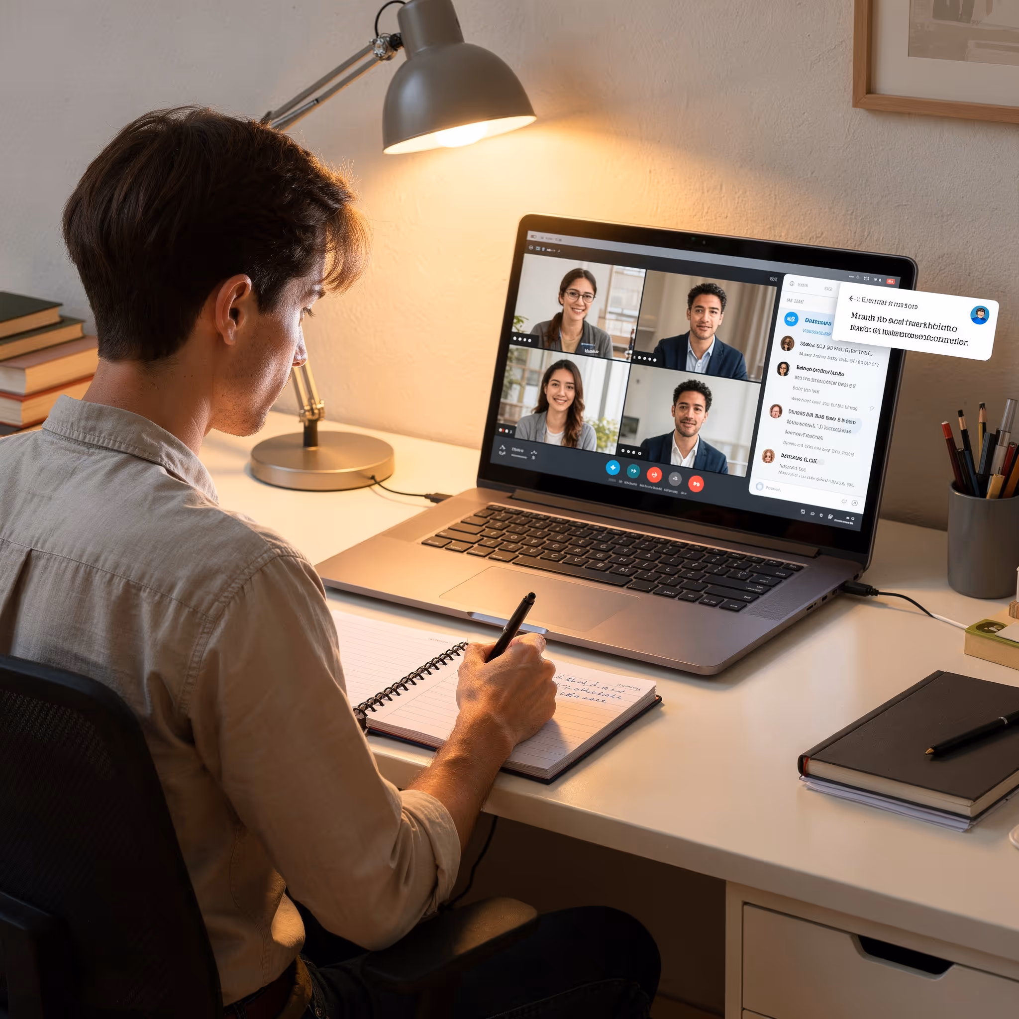 Man taking notes during an online video meeting with four colleagues displayed on a laptop screen at a desk with a lamp and stationery.