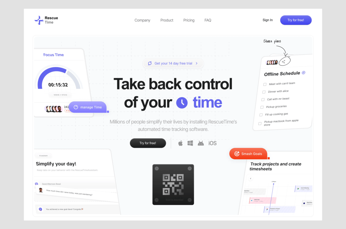 RescueTime website homepage showing time tracking features, a focus timer, offline schedule, daily assistant messages, and a call to action to try the software free for 14 days.