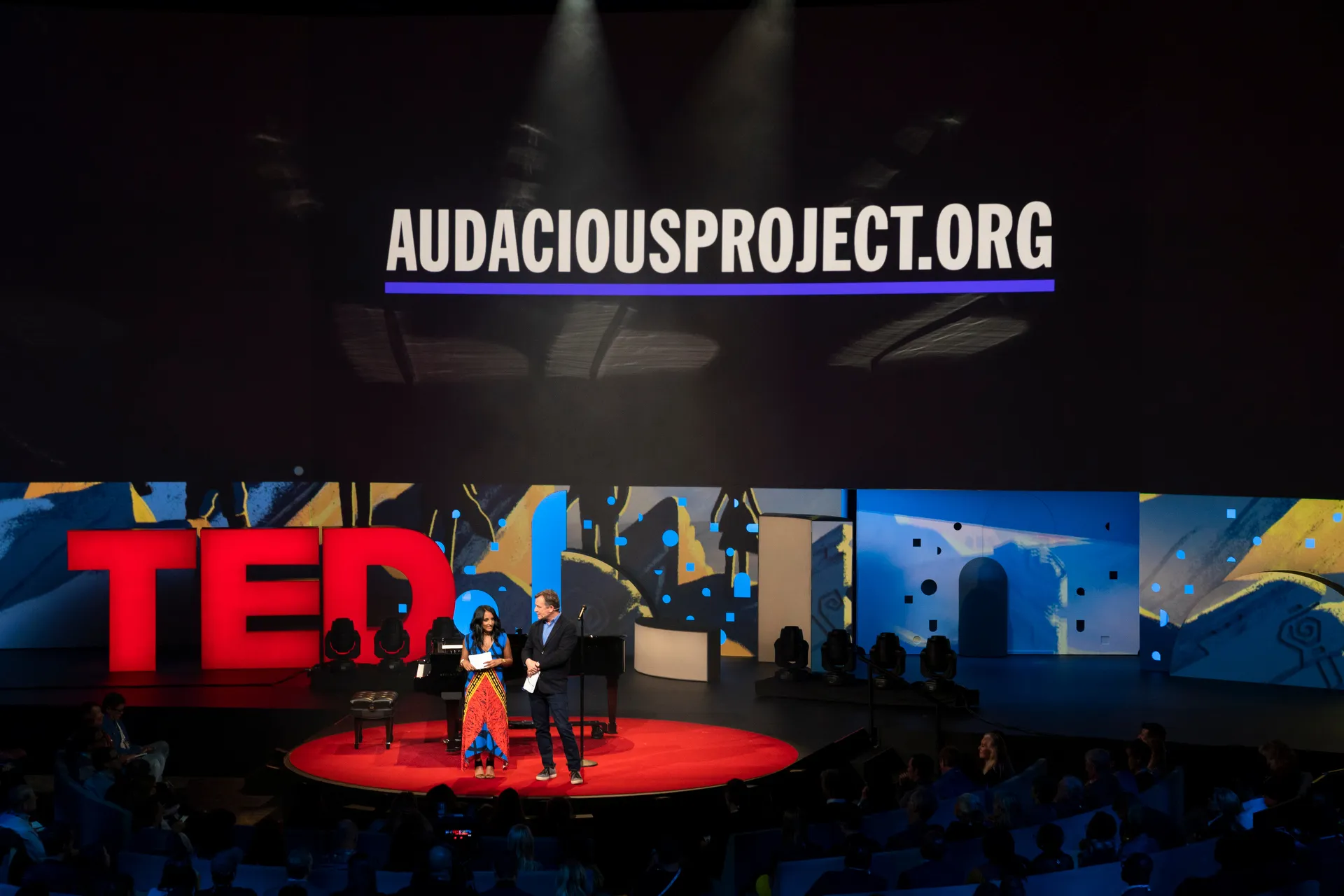 Audacious Project executive director Anna Verghese and head of TED Chris Anderson onstage at TED2019 in Vancouver, BC, Canada. (Photo: Dian Lofton / TED)