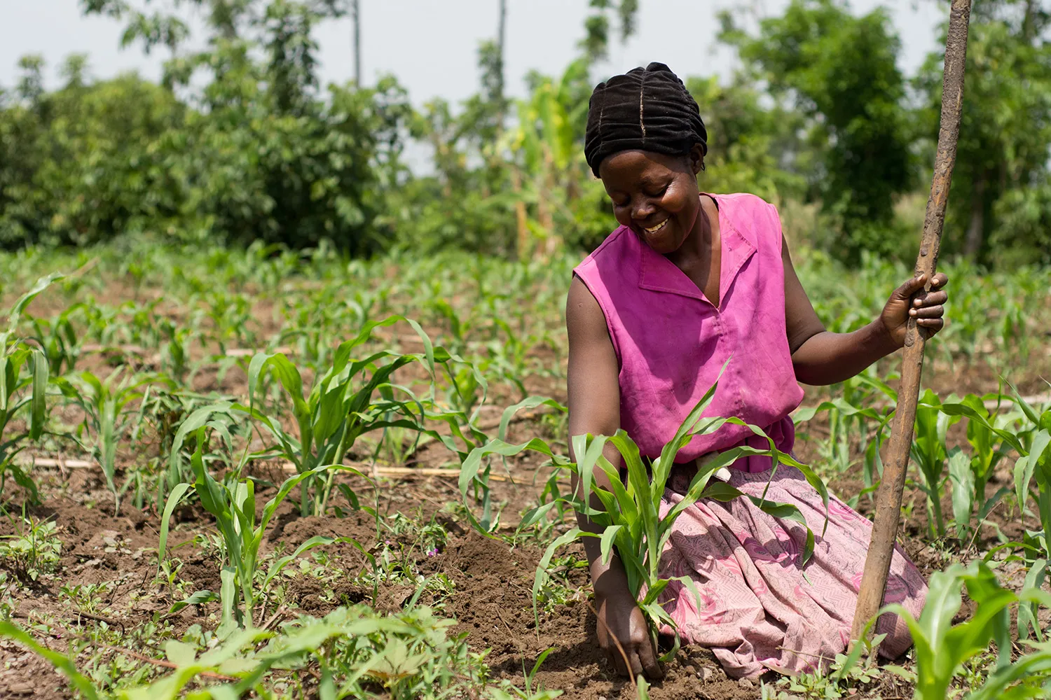 A farmer in Uganda with her crops 