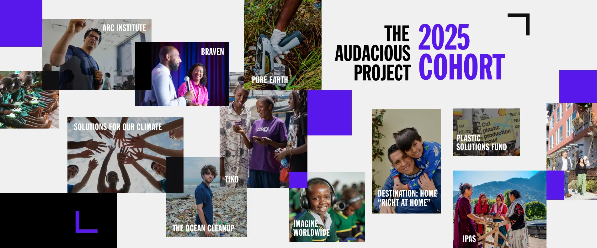 Collage of diverse projects from The Audacious Project 2025 Cohort. Includes images of people collaborating, environmental efforts, and joyful interactions.