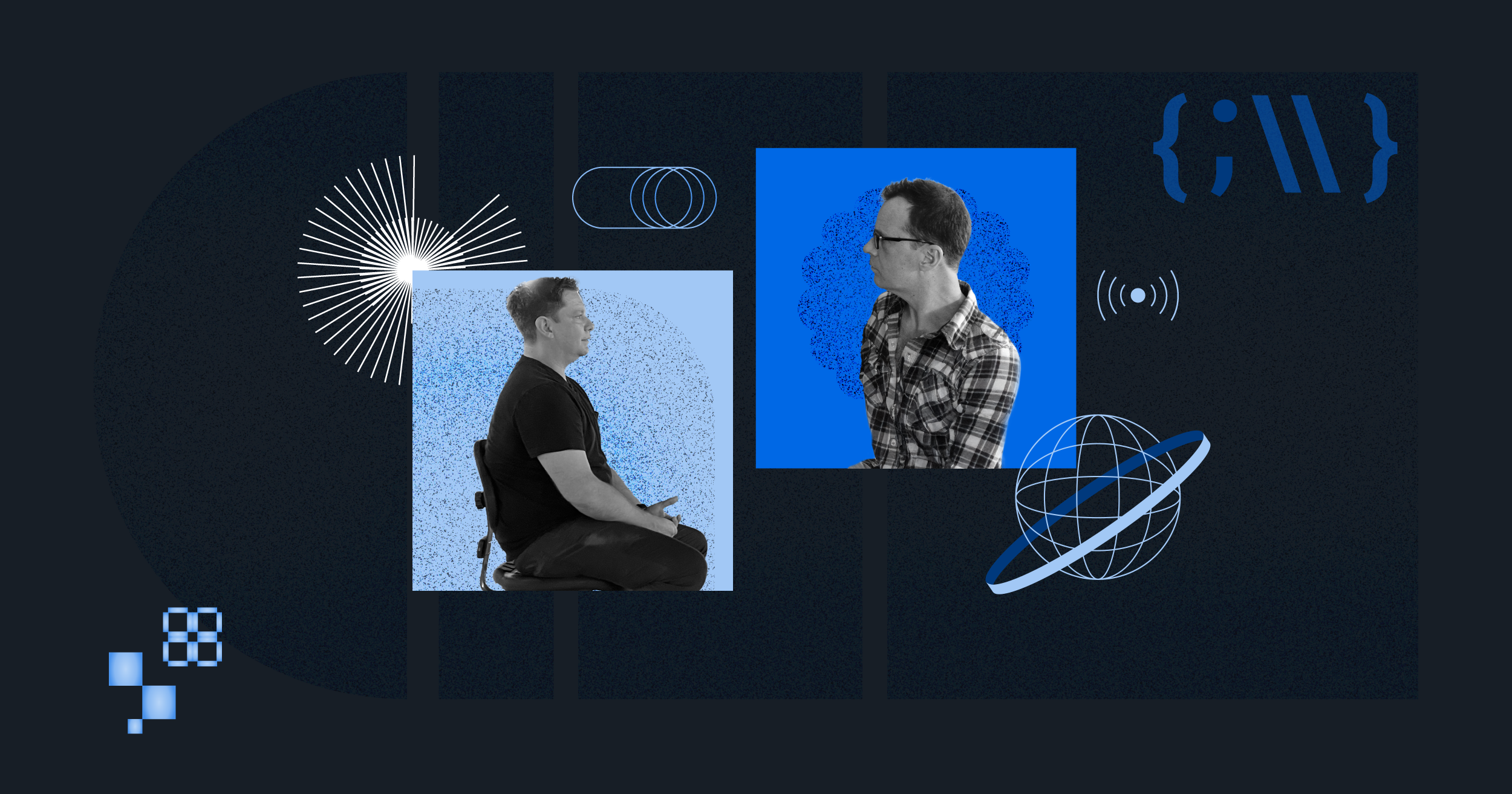 Two men on a blue and black colored background