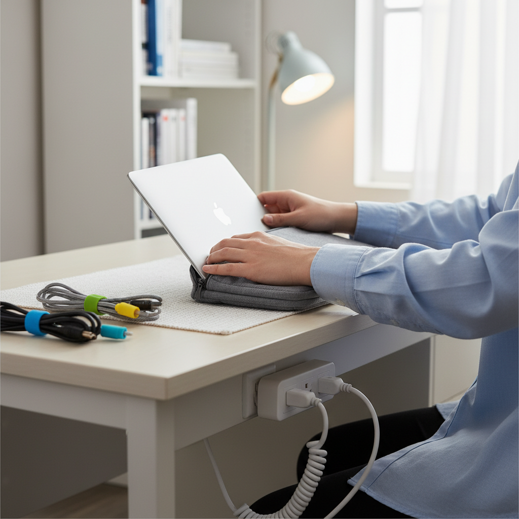 A student's hands carefully placing a laptop into a protective sleeve, with cable organizers and a surge protector visible on the desk, showing proper tech care and organization