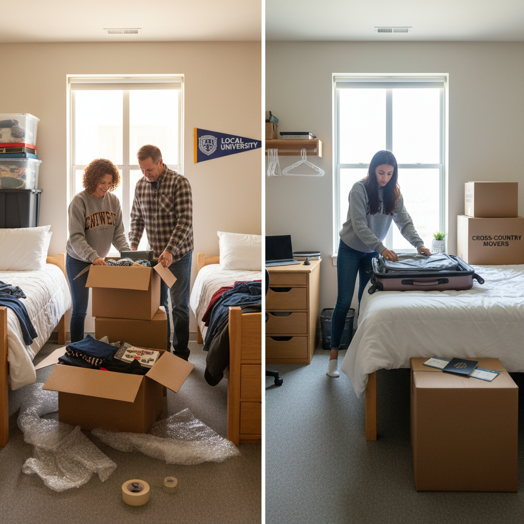 Split-screen photograph showing two dorm rooms - one cluttered with boxes being packed by parents helping a local student, the other showing an out-of-state student organizing belongings alone with suitcases and shipping boxes