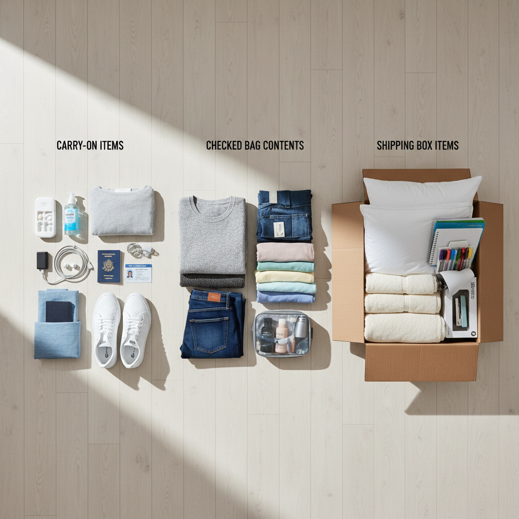 Organized flat-lay photograph of essential college items sorted into three groups - carry-on items (medications, documents, chargers), checked bag contents (folded clothes, shoes, toiletries), and shipping box items (bedding, towels, school supplies)