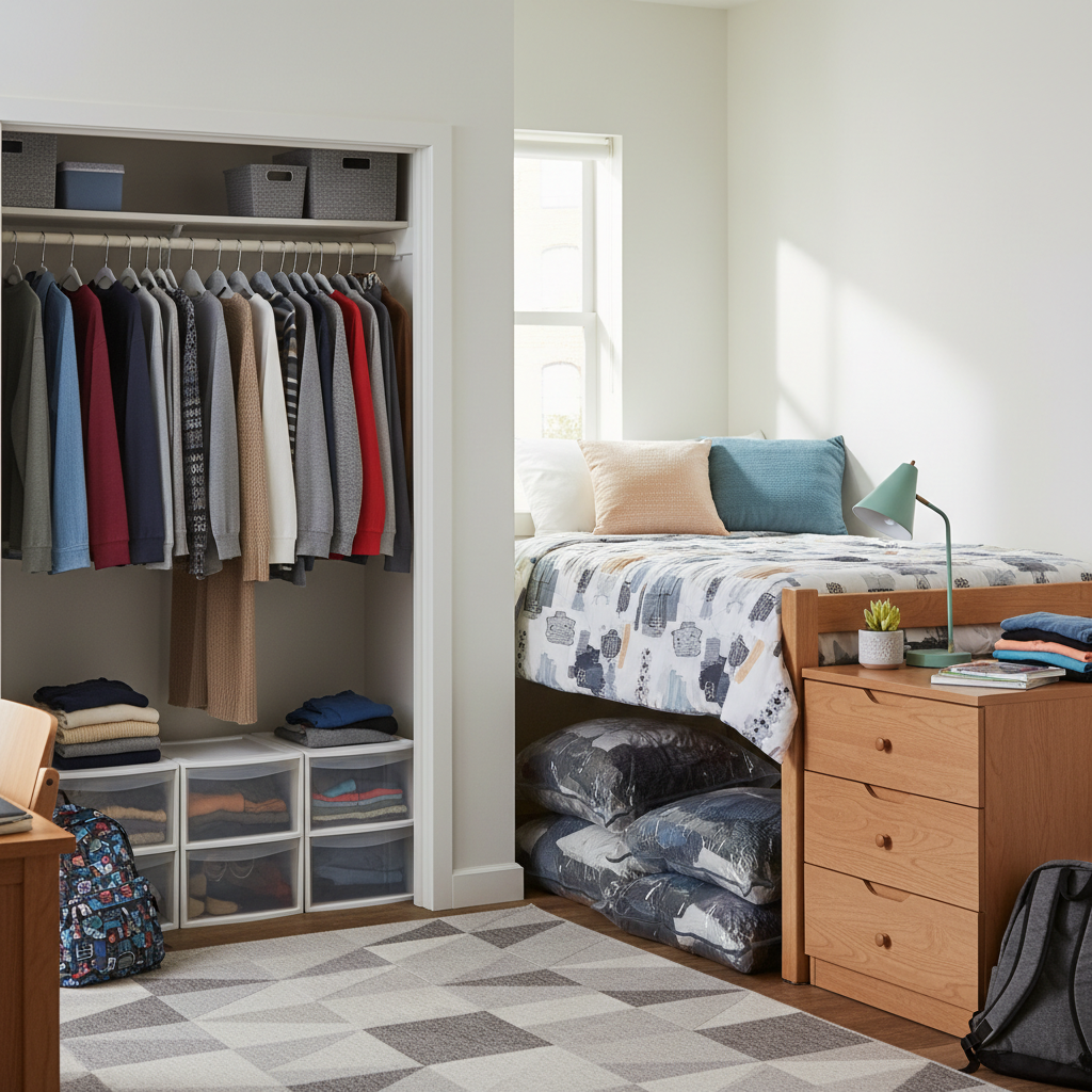 A college dorm room showing an organized closet with clothes hanging neatly, compression bags stacked under the bed, and a small dresser with folded clothes, demonstrating efficient space usage in a typical freshman dorm
