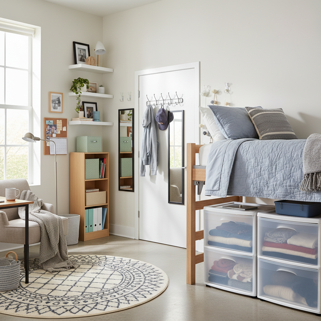 A well-organized dorm room showing vertical storage solutions, under-bed containers, over-the-door hooks in use, Command strips holding various items, and a cozy setup that maximizes the small space efficiently