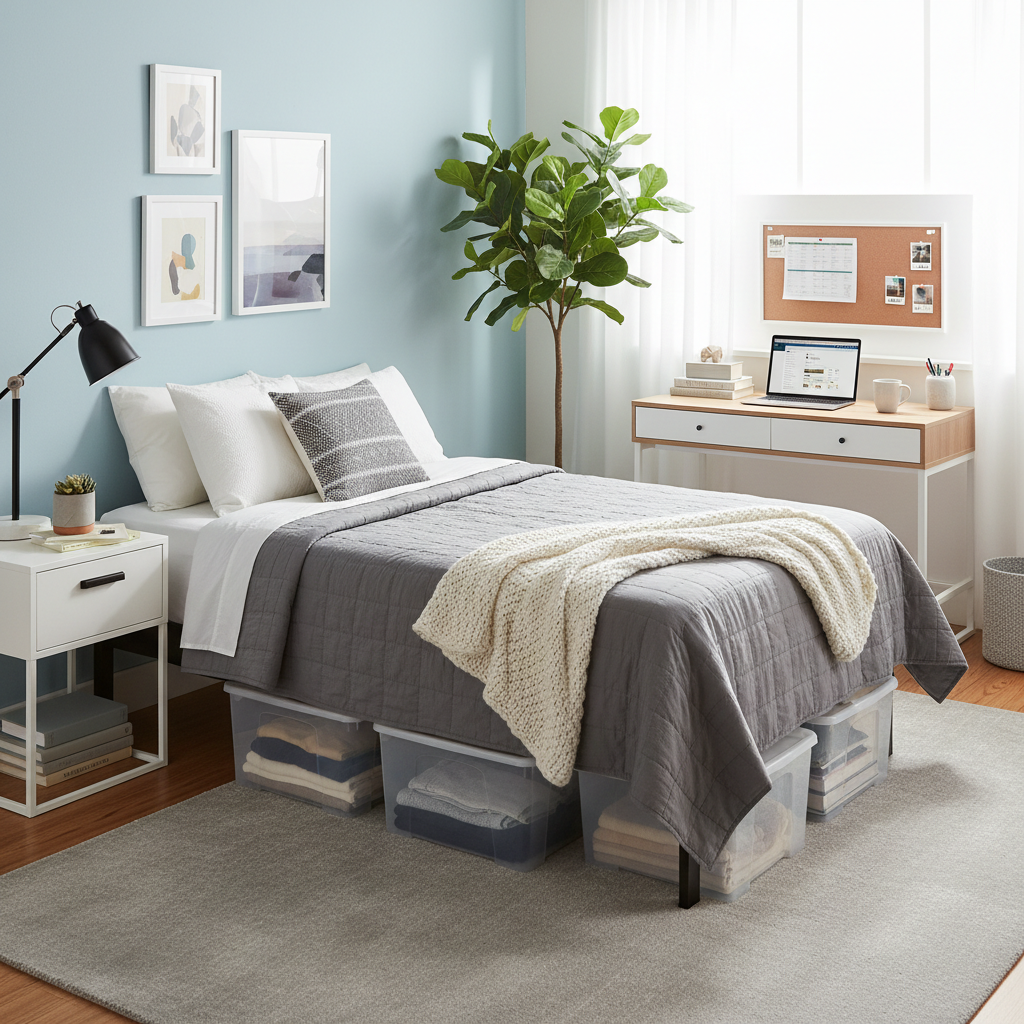 A well-organized college apartment bedroom showing a full-size bed with proper bedding, nightstand with lamp, desk area, and under-bed storage containers neatly arranged