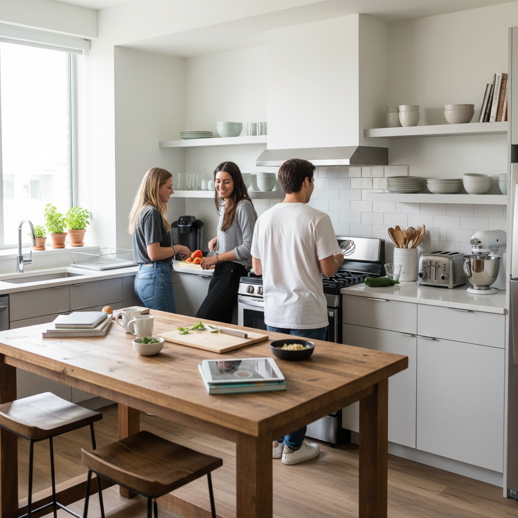 A clean, organized college apartment kitchen showing basic appliances on counters, a few people cooking together, and essential items like dishes and utensils properly stored