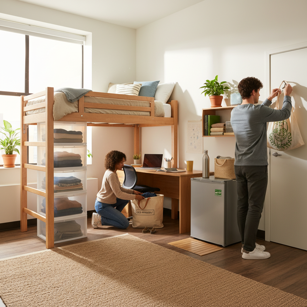 Wide shot of a well-organized dorm room featuring sustainable products in use - recycled storage bins neatly stacked under a lofted bed, reusable water bottle on a desk next to an ENERGY STAR mini fridge, and students using reusable bags for organization, with natural lighting highlighting the clean, organized space