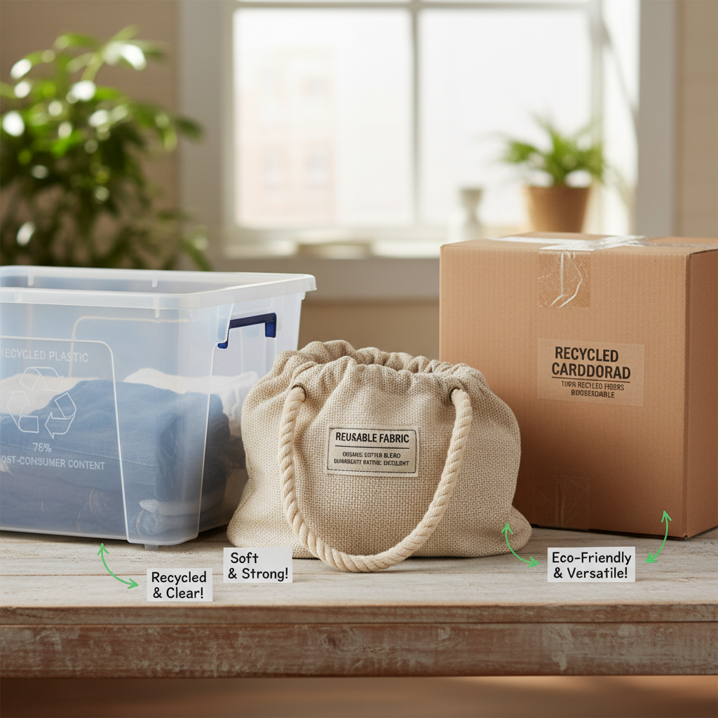 Close-up photograph showing three different storage containers side by side - a clear recycled plastic storage bin with visible recycling symbols, a reusable fabric storage bag, and a cardboard box, with labels pointing out sustainable features like recycled content percentages and durability indicators