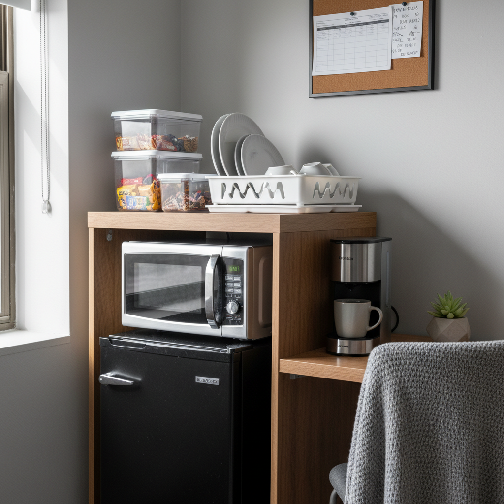 A compact dorm room setup showing a mini fridge, microwave, and organized storage containers on a desk area, with dishes neatly arranged and a coffee maker visible, demonstrating efficient use of limited space