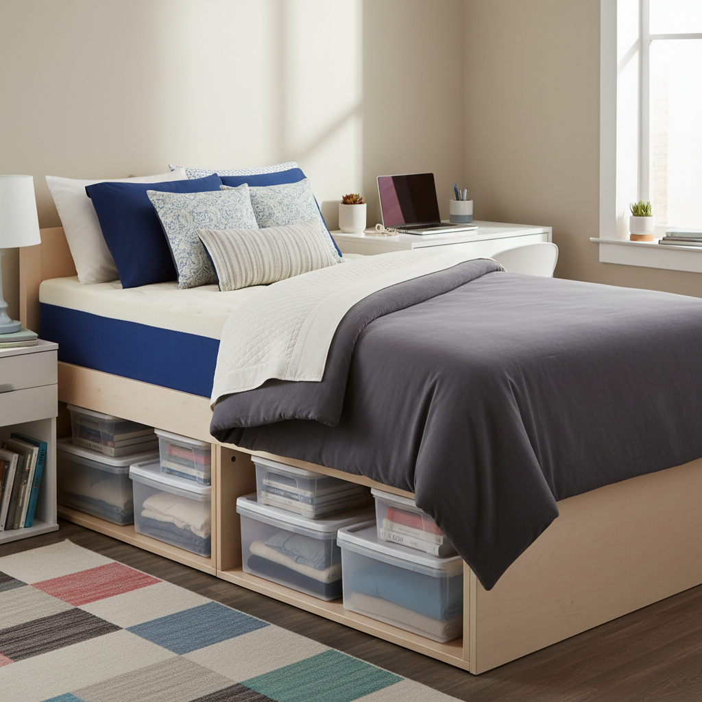 A well-made dorm bed with Twin XL sheets in a deep blue color, memory foam topper visible, and storage bins neatly arranged underneath raised bed, showing the difference between a properly outfitted dorm bed versus a basic institutional setup