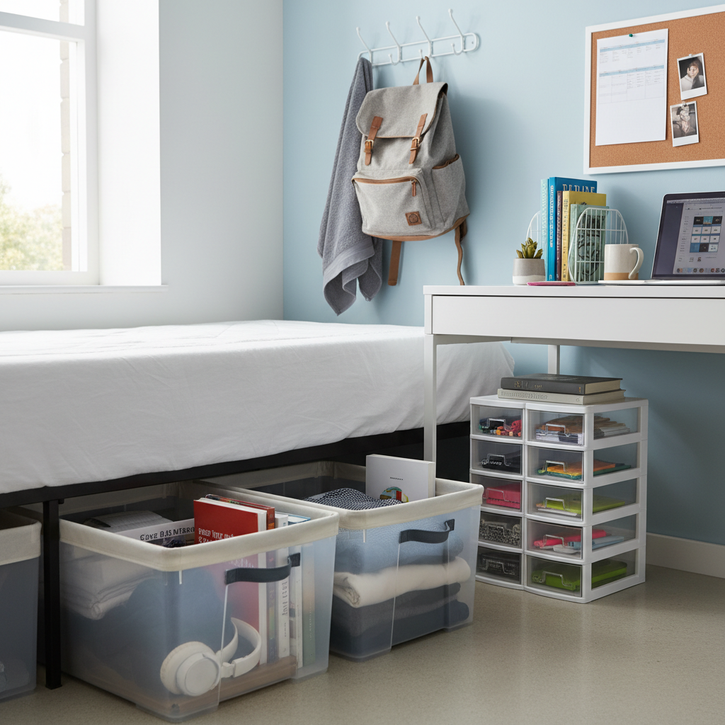 A close-up shot of efficient dorm storage solutions - under-bed bins partially pulled out showing organized contents, over-door hooks with towels and bags, and a well-organized desk area with affordable organizers and supplies