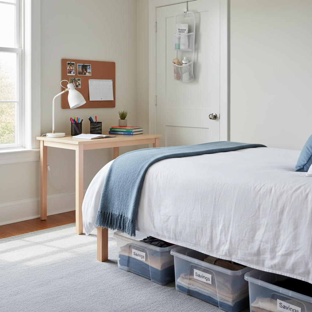 A well-organized dorm room showing the four budget categories in action - neatly made bed with simple bedding, under-bed storage bins visible, basic desk setup with lamp and organizers, and bathroom caddy hanging on door