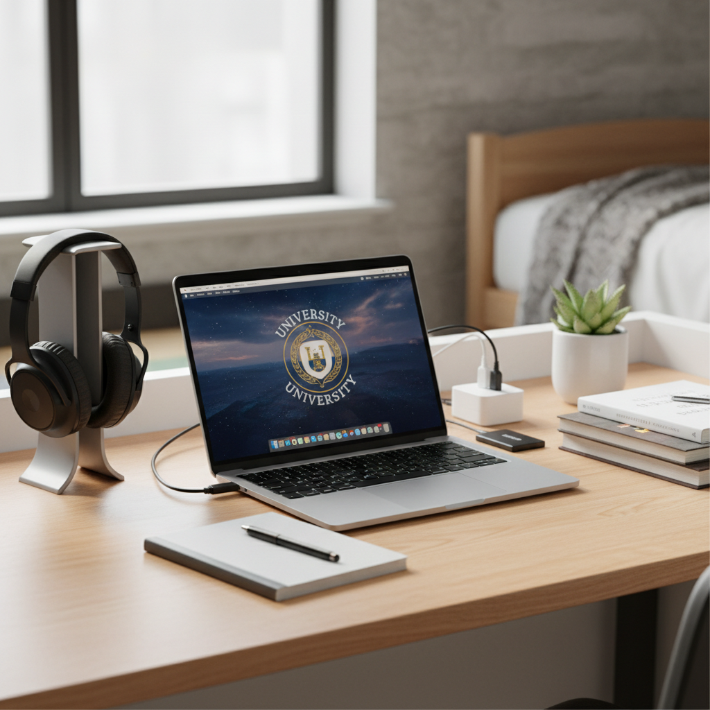 A clean, organized college dorm desk setup showing a laptop, noise-canceling headphones, surge protector, and external hard drive arranged on a wooden desk with good lighting and some personal touches like a small plant
