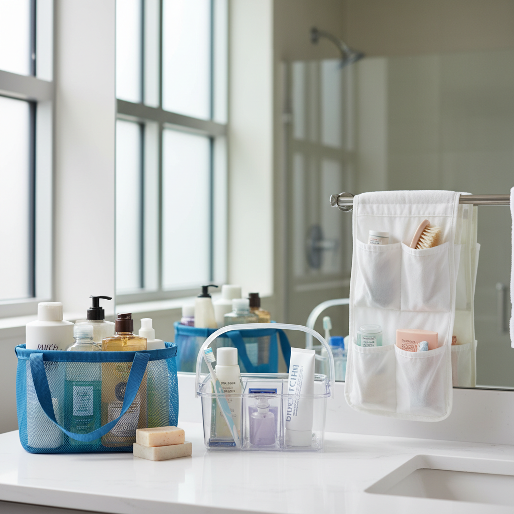 Side-by-side comparison photo showing three different shower caddies - a mesh caddy with handles, a plastic compartmentalized caddy, and a hanging organizer - arranged on a bathroom counter with toiletries displayed inside each one