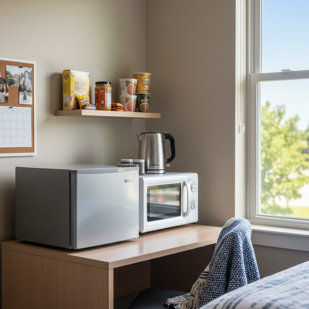 Close-up photograph of a compact dorm room setup showing a mini fridge, microwave, and electric kettle arranged on a small wooden desk, with a window providing natural light and some basic food items visible on shelves