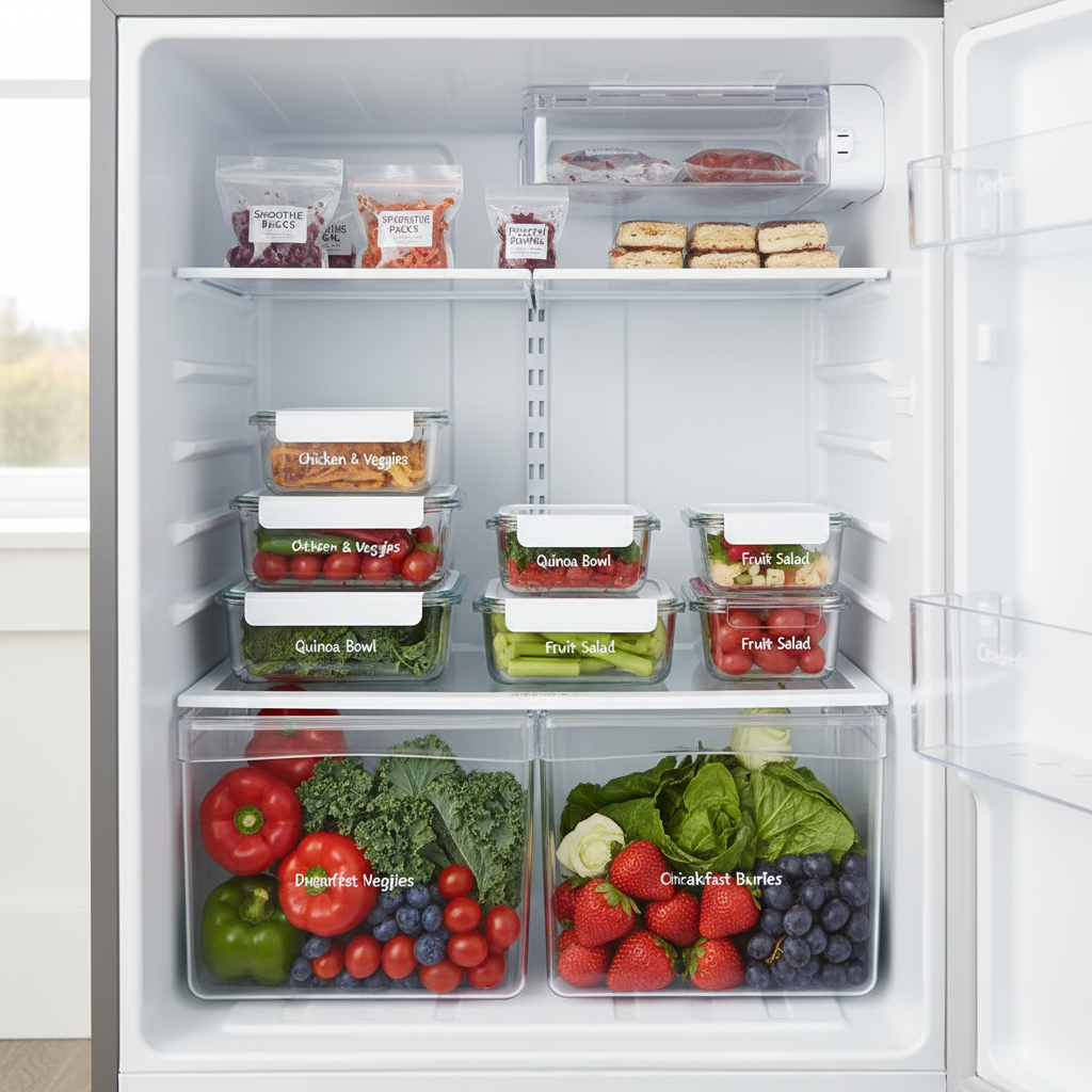 Overhead view of an organized mini fridge interior showing clear glass containers with meal prep, fresh produce in crisper drawers, and frozen items neatly arranged in the freezer compartment, with labels visible on containers