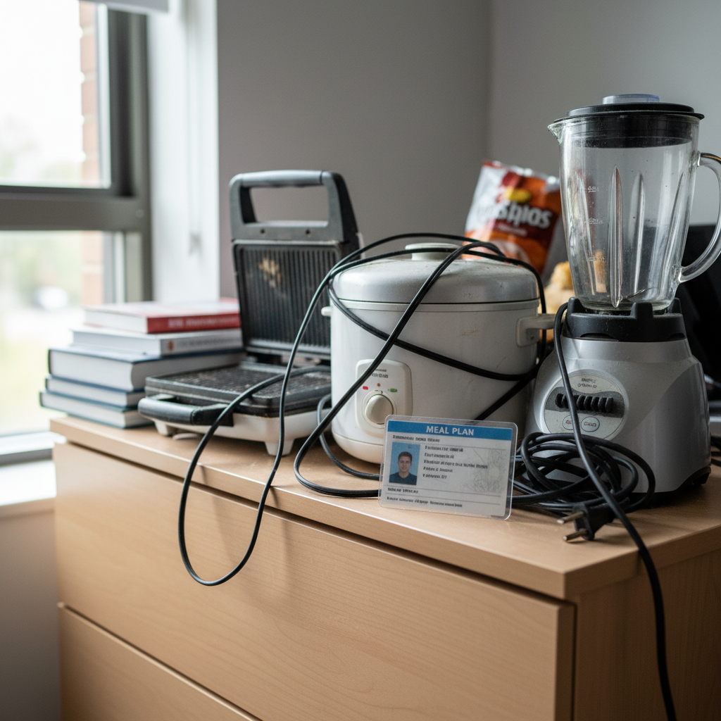 A dorm room dresser top cluttered with unused appliances - a dusty panini press, rice cooker, and blender with their cords tangled, while a meal plan card sits prominently in the foreground