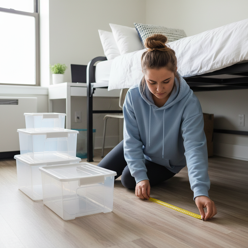 College student kneeling on dorm room floor with measuring tape, measuring the space under a raised dorm bed while plastic storage containers sit nearby waiting to be tested for fit