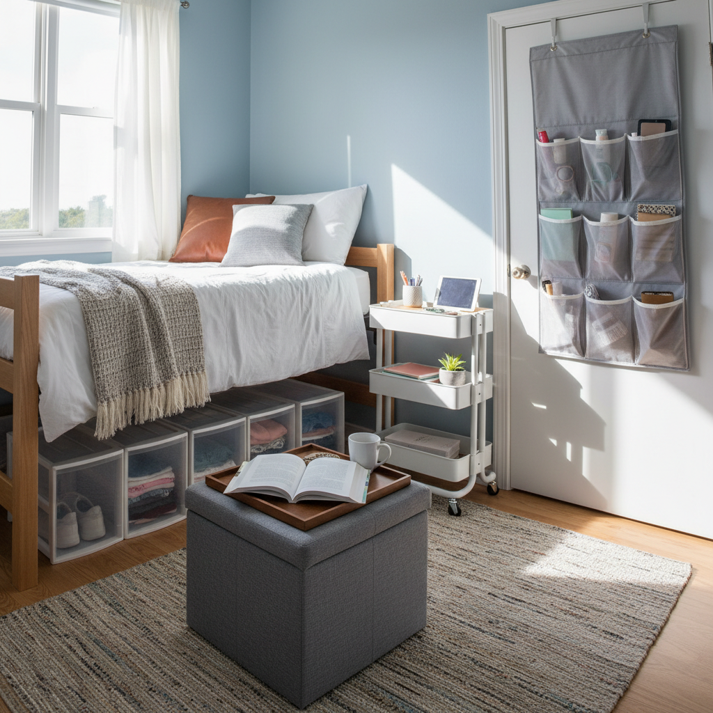 Well-organized small dorm room showing a storage ottoman being used as seating, under-bed storage containers visible beneath a raised bed, over-door organizers on the closet door, and a rolling cart being used as a mobile desk organizer