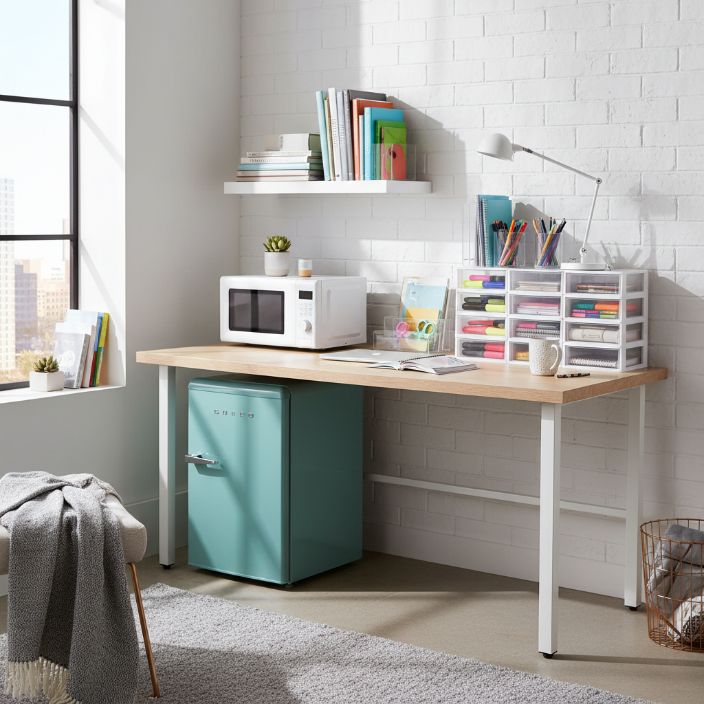 A college student's desk setup showing organized clear storage bins, a mini-fridge, microwave, and school supplies neatly arranged in a small dorm room with natural lighting coming through a window