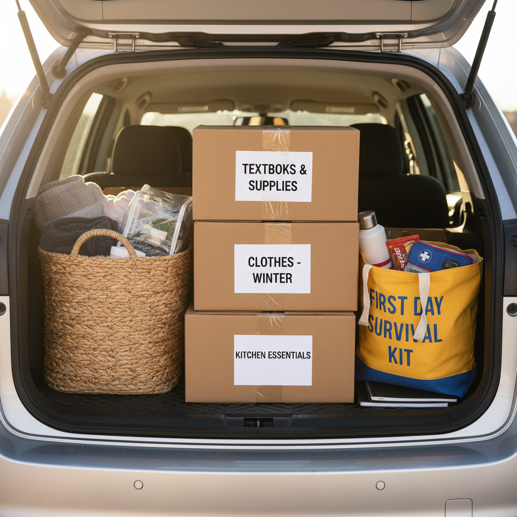 A neatly packed car trunk showing labeled boxes, a laundry basket full of essentials, and a 