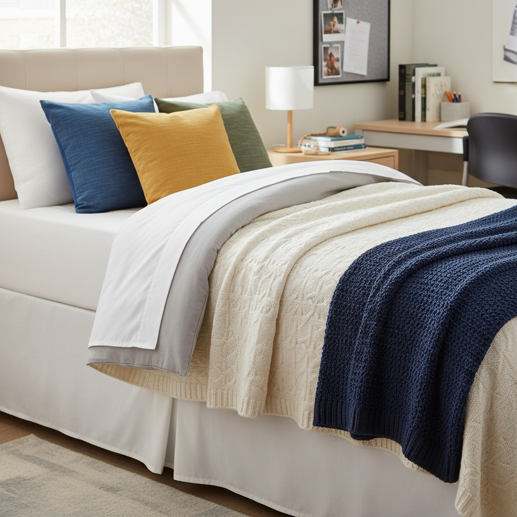 Close-up photograph of a neatly made dorm bed with Twin XL sheets, showing the extra length compared to regular twin bedding, with a cozy comforter and throw pillows in a typical small dorm room setting