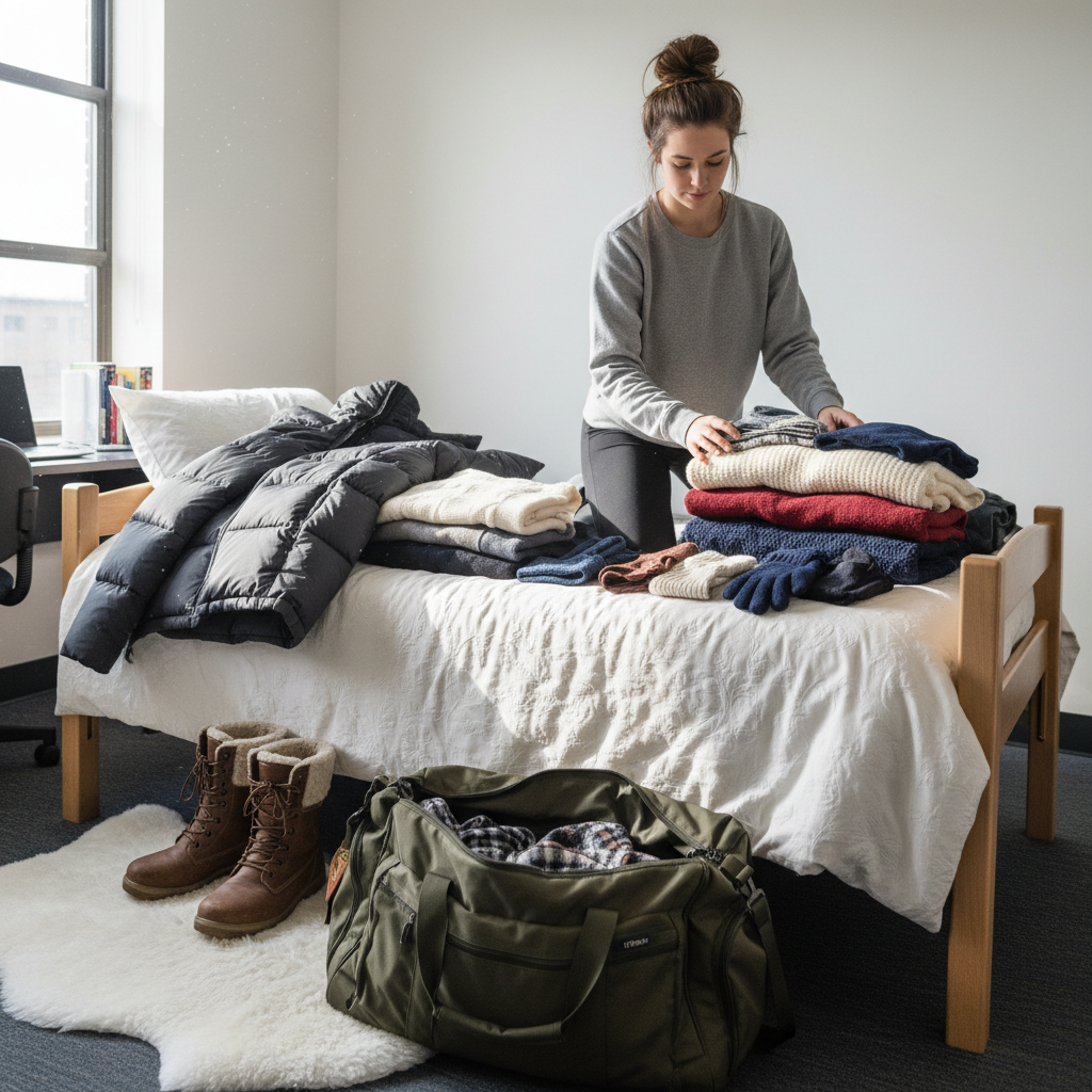 Student organizing winter clothes on a dorm bed during break - heavy coat, warm sweaters, boots, and winter accessories laid out systematically, with a large duffel bag nearby. The scene should show the contrast between bulky winter items and the limited dorm space.