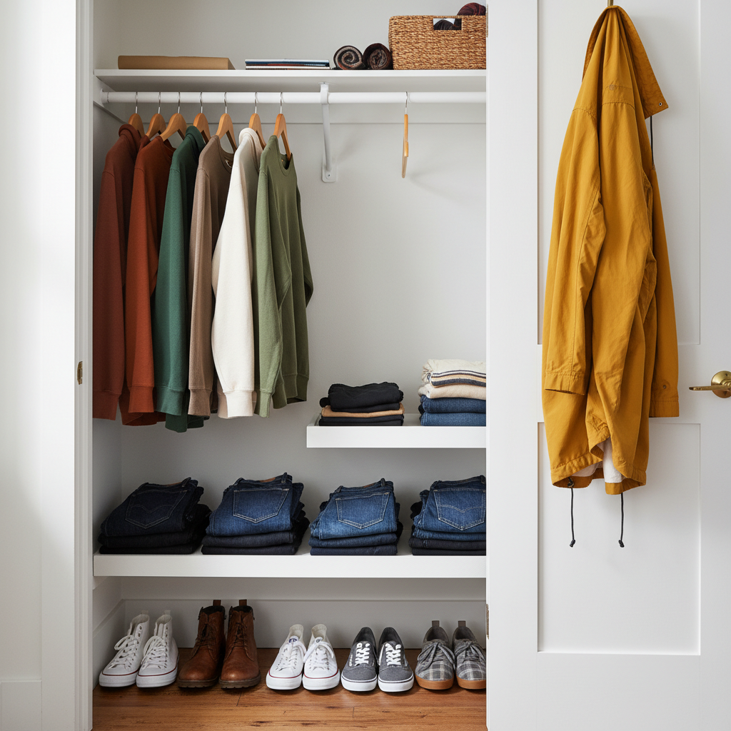 College student's dorm closet organized with fall clothes - hoodies hanging neatly, folded jeans on shelves, sneakers lined up below, and a light jacket on a door hook. The closet should look compact but well-organized, showing the limited space available in typical dorm rooms.