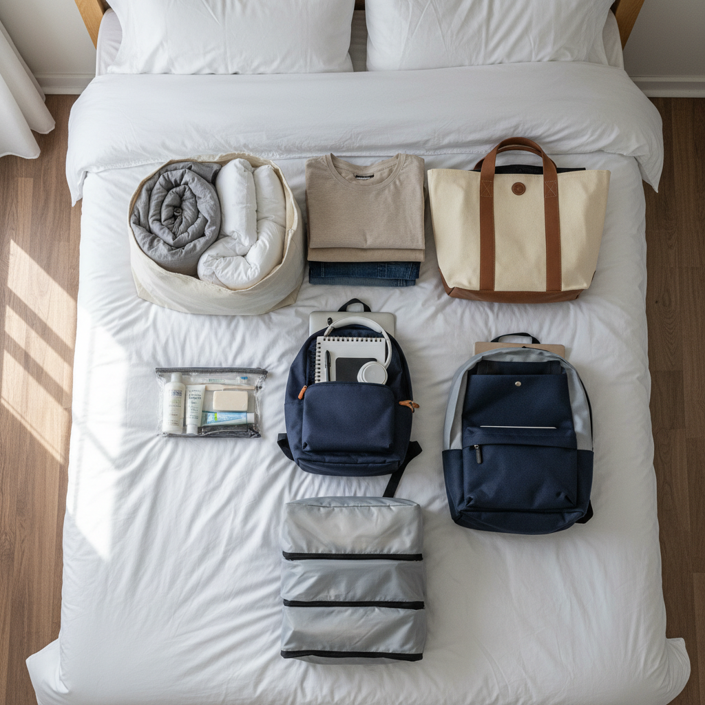 Overhead shot of all minimalist dorm essentials laid out neatly on a bed, organized by category - bedding in one area, folded clothes in another, toiletries grouped together, and school supplies arranged, showing how everything fits into just a few bags