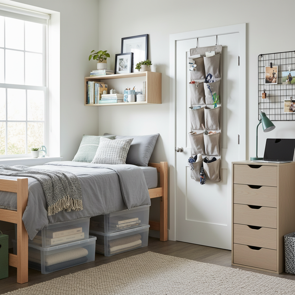 A well-organized small dorm room showing smart storage solutions in action - under-bed storage containers, over-door organizers, and vertical space utilization, with a clean, uncluttered feel despite the small size