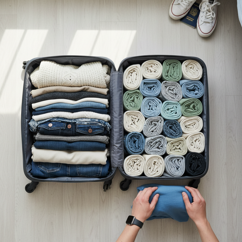 Overhead view of an open suitcase showing the contrast between folded clothes stacked on one side (taking up more space with visible air gaps) and tightly rolled clothes packed vertically on the other side, with a student's hands demonstrating the rolling technique on a t-shirt