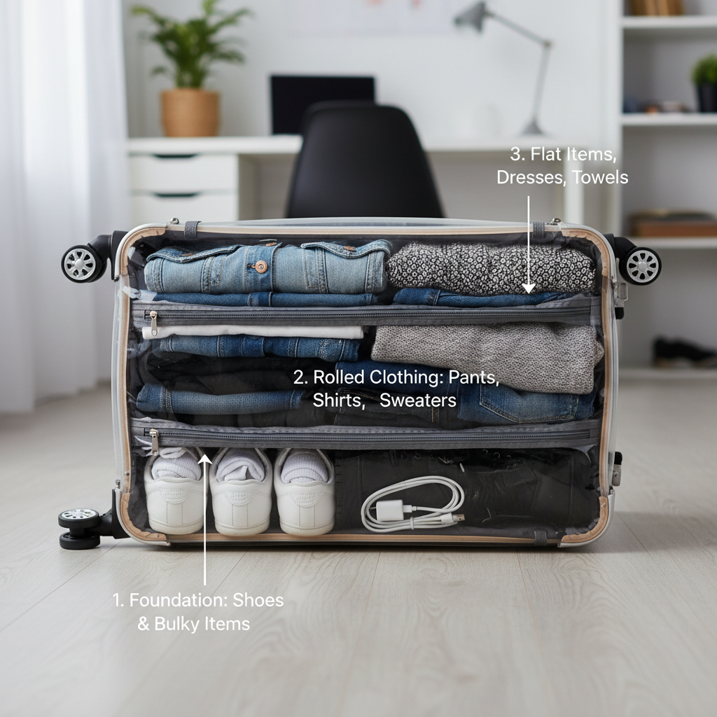 Step-by-step side view of a suitcase being packed using the foundation-up method, showing the three distinct layers with arrows and labels, demonstrating how shoes are being used as containers with socks and chargers being stuffed inside