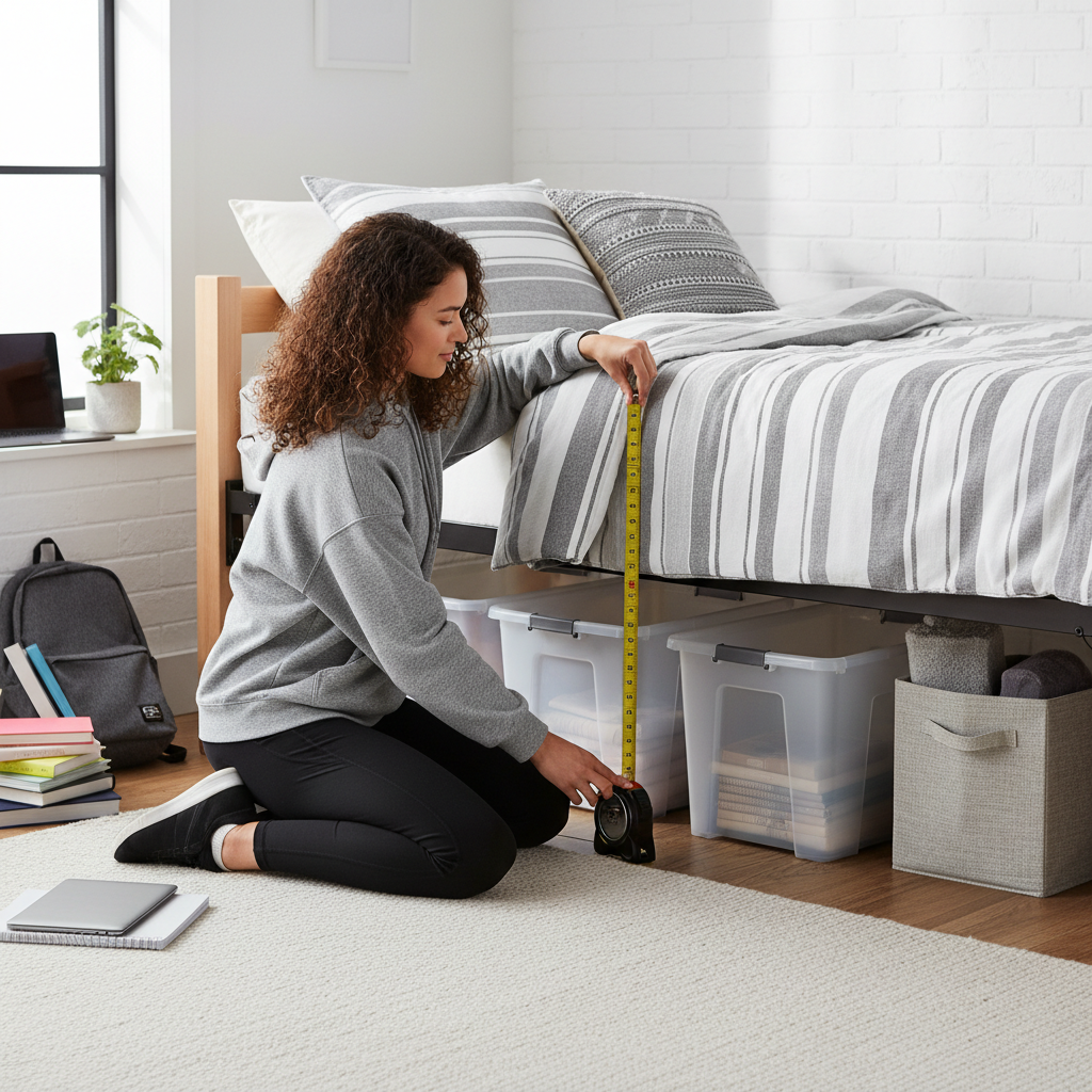 College student kneeling beside dorm bed with measuring tape, measuring the clearance height under a Twin XL bed, with various storage containers nearby waiting to be organized