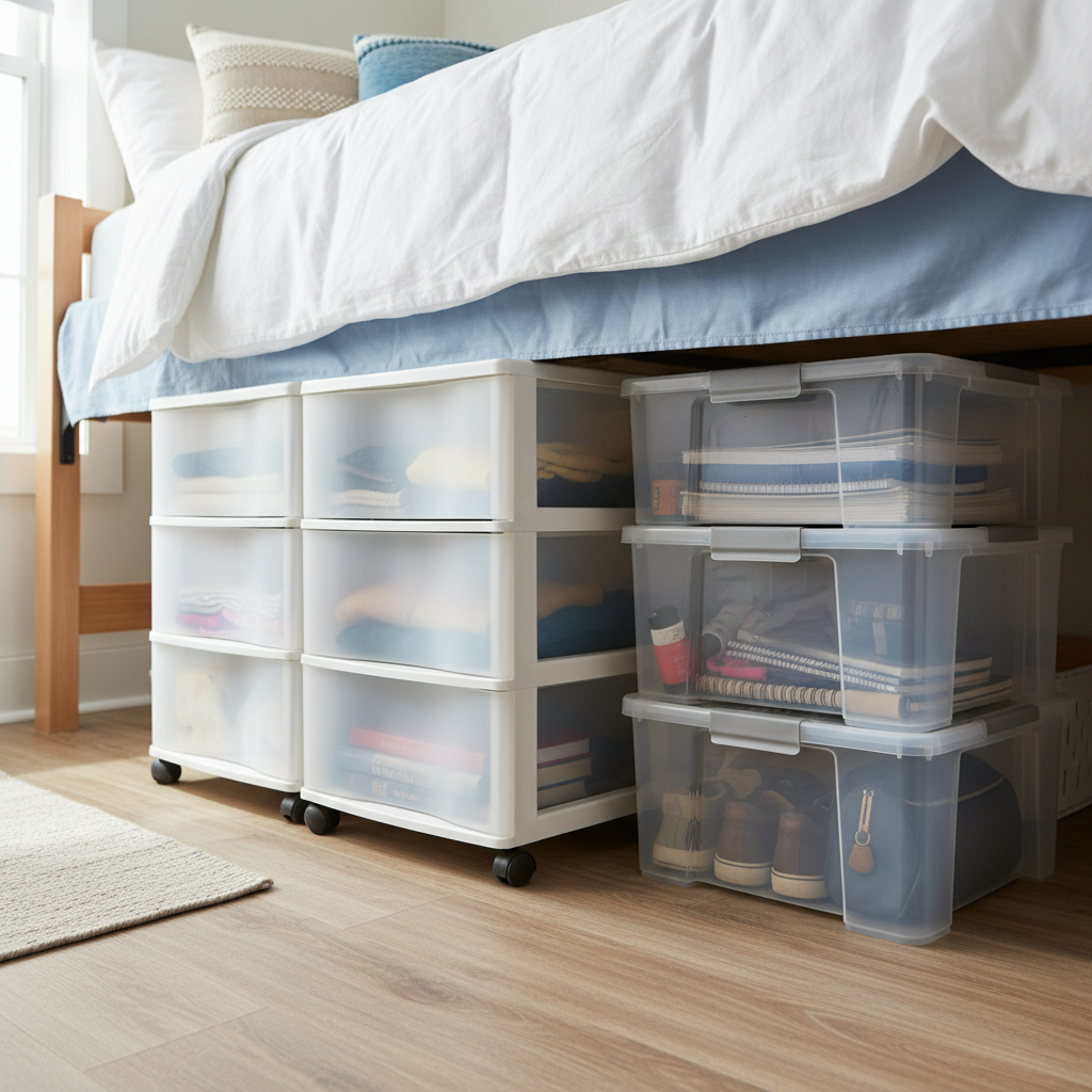 Organized under-bed storage setup showing a combination of wheeled drawer units on one side and clear plastic bins stacked on the other side, with items clearly visible and neatly arranged, shot from floor level perspective