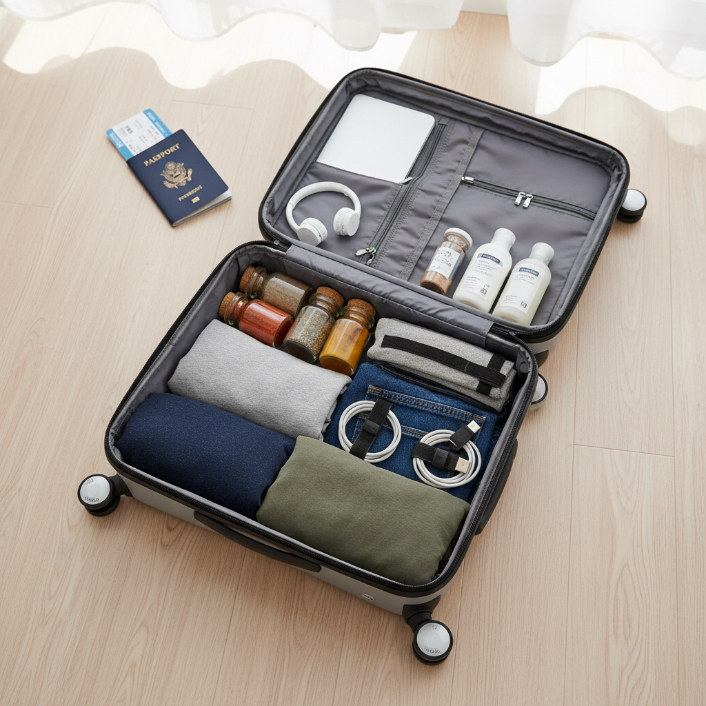 Overhead shot of an open suitcase neatly packed with folded clothes, small containers of spices, electronics, and personal care items, with a passport and documents visible in the corner