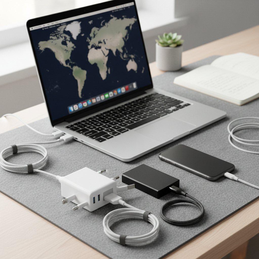 Close-up of a desk setup showing a laptop, smartphone, universal power adapter, and external hard drive arranged neatly with charging cables, representing essential tech items for international students