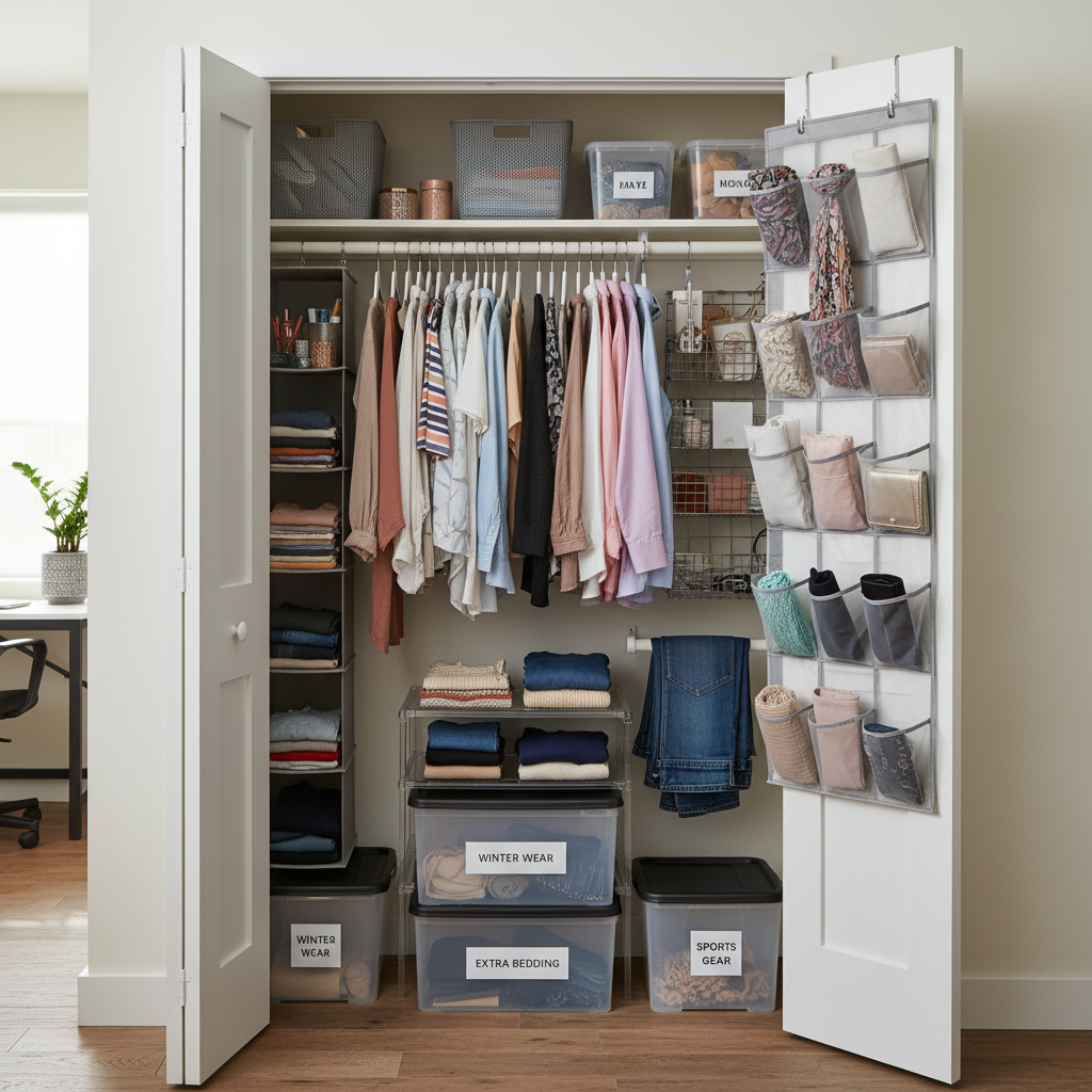 Full view of an organized small dorm closet with the door open, showing over-the-door storage, efficient use of vertical space with multiple hanging rods, clearly labeled storage bins on the floor, and everything neatly categorized and easily accessible